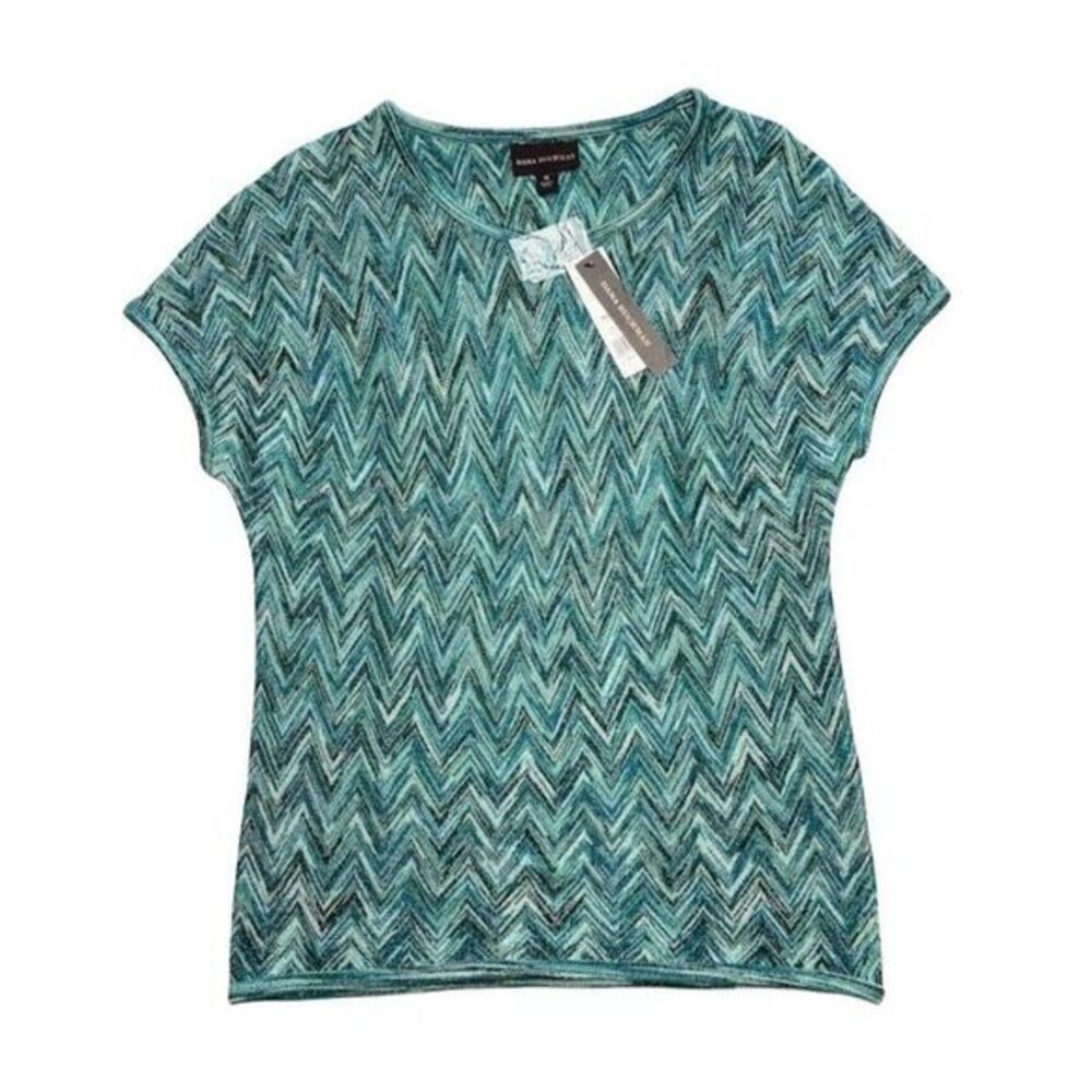 Dana Buchman Green Teal Chevron‎ Metallic Knit Top Medium NEW